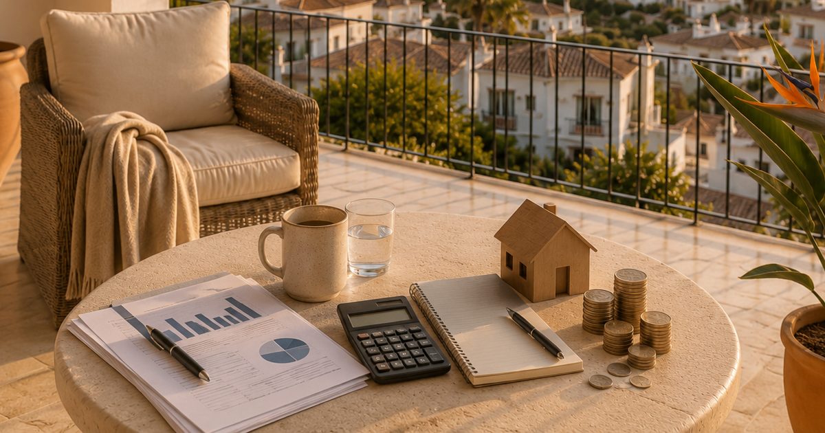 Tafel met rekenmachine, munten en een houten huisje op een terras aan de Costa Blanca