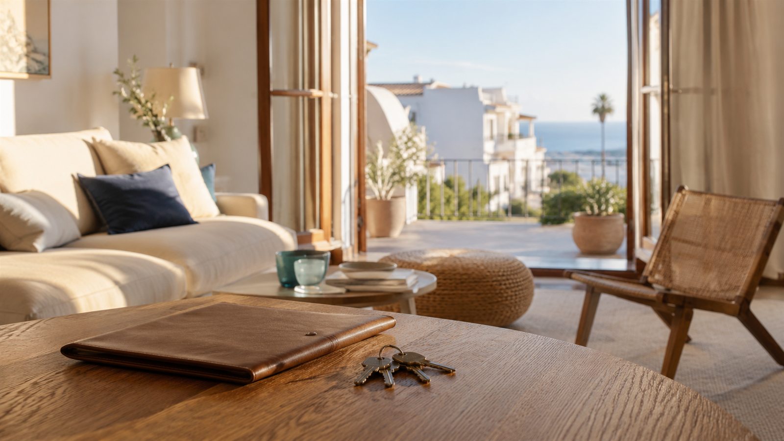 Sleutels en contractmap op tafel in een lichte Costa Blanca-woonkamer